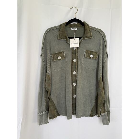 Mittoshop Distressed Olive Button-Up Shirt Size M/L Waffle Knit Utility Plaid - Picture 1 of 8